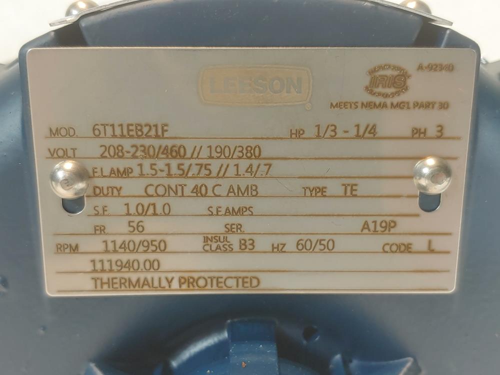 LEESON 6T11EB21F Electric 1/3 - 1/4HP  1140/950 RPM Motor