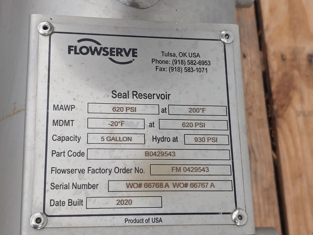 Flowserve 5 Gallon 3/4" SS Seal Pot MAWP 620 PSI @ 200°F P/C #: B0429543