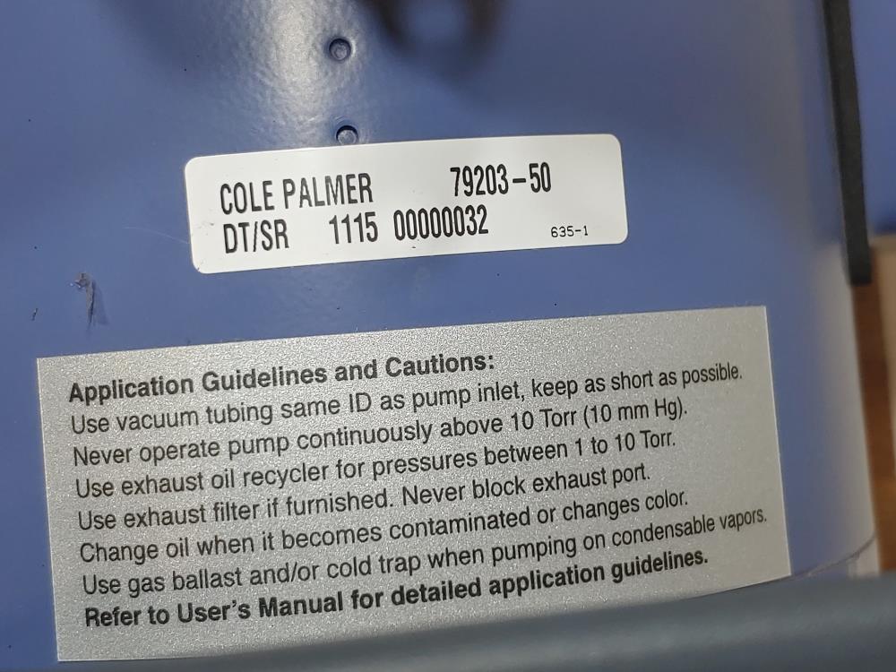 Cole Parmer Rotary Vane Vacuum Pump 79203-50 w/ HP: 3/4 / 1/2 Motor