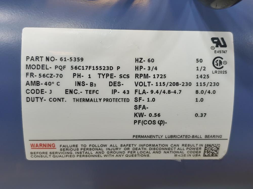 Cole Parmer Rotary Vane Vacuum Pump 79203-50 w/ HP: 3/4 / 1/2 Motor