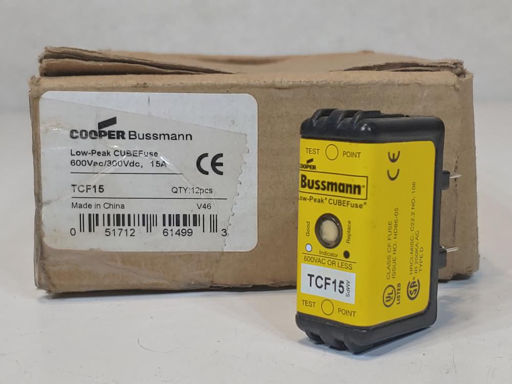 Cooper Bussmann Low-Peak Cube Fuse 600VAC/300VDC. 15Amp Model#: TCF15
