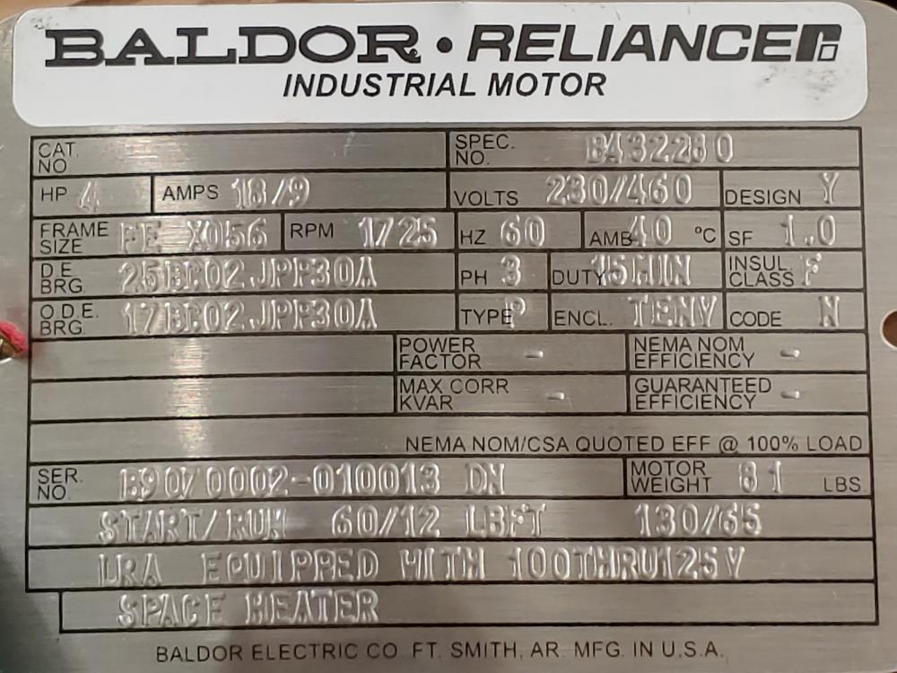 Baldor 4HP, 230/460V, Spec: B432.280 Electric R-R01-400-03PI Space Heater Motor