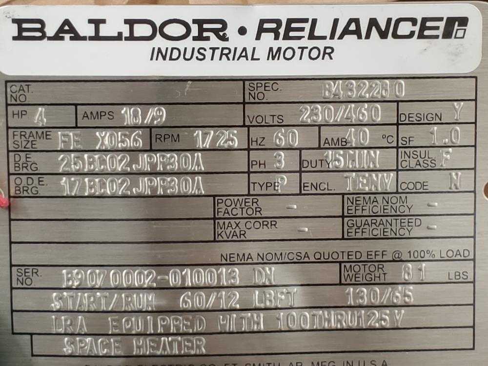 Baldor 4HP, 230/460V, Spec: B432.280 Electric R-R01-400-03PI Space Heater Motor