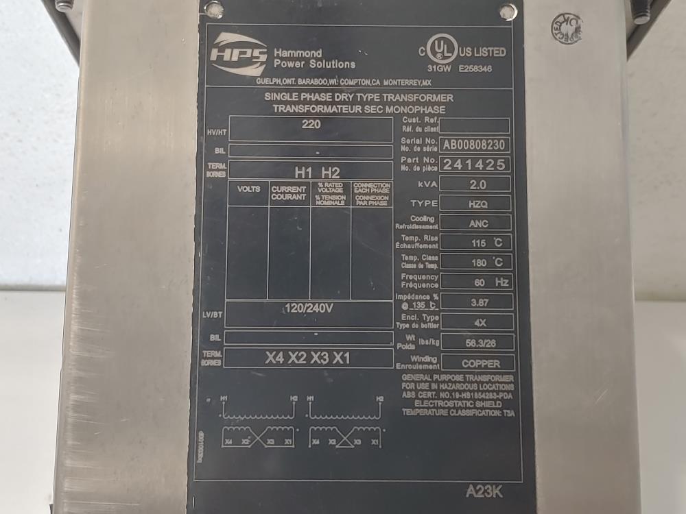 HPS Titan Single Phase Dry Type Transformer Type HZQ, P/N#: 241425