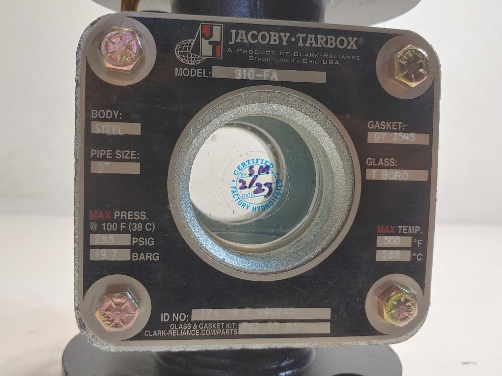 Jacoby Tarbox 910-FA 2" Flanged CS Tempered Boro Plain Sight Flow Indicator 
