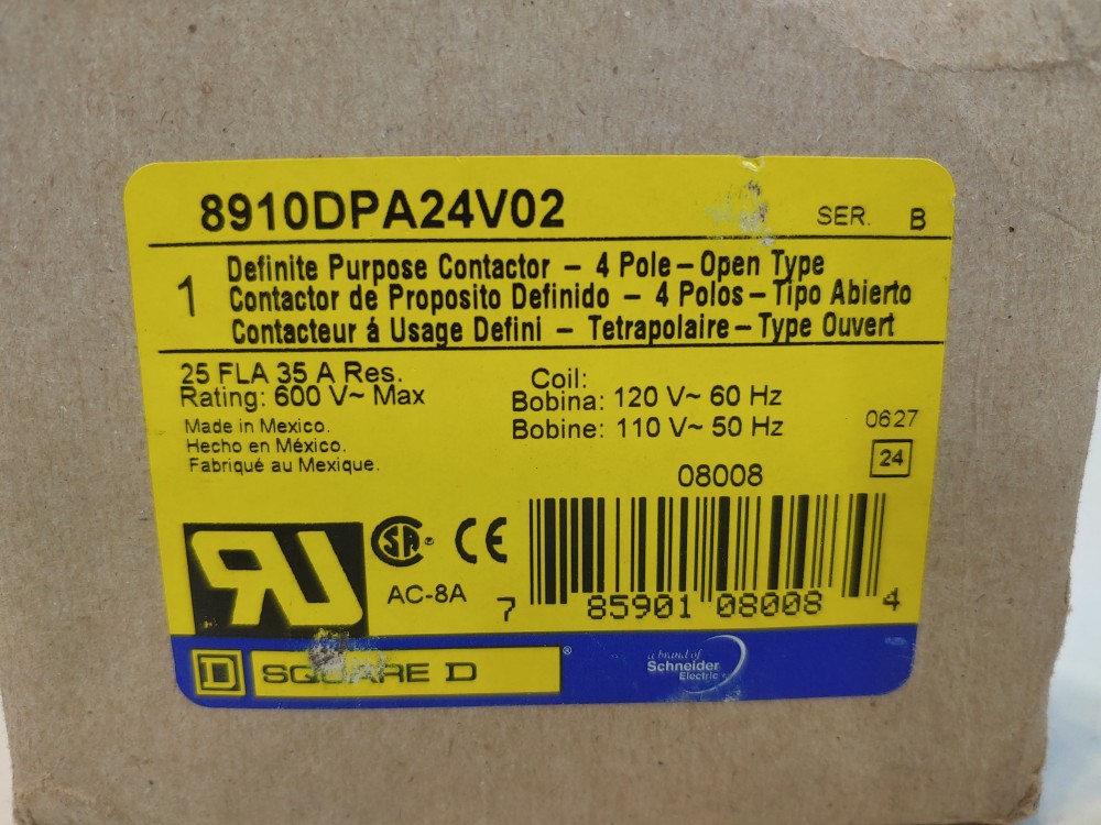 Square D Class 8910 Contactor 4 pole 600V Model#: 8910DPA24V02