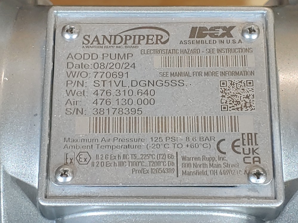 Sandpipe AODD ST1VL, DGNG5SS 1" Metallic Containment Duty Pump