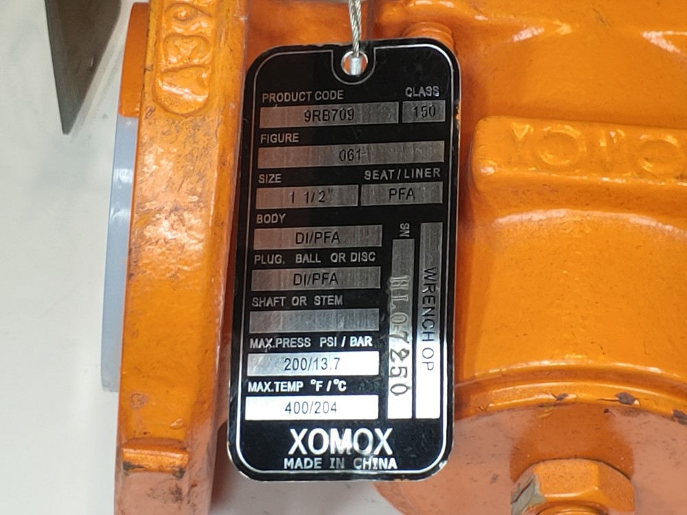 XOMOX Tufline 1-1/2" 150# PFA Lined Plug Valve w/Elomatic Pneumatic Actuator