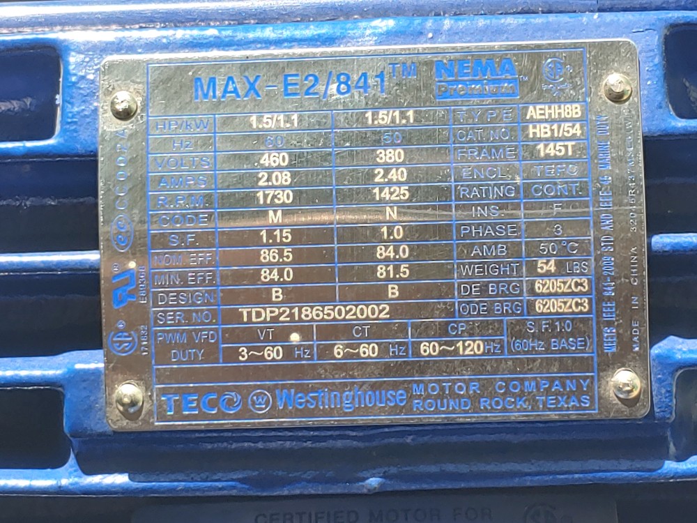 Teco Westinghouse MAX-E2/841 NEMA 1.5/1.1HP Electric Motor