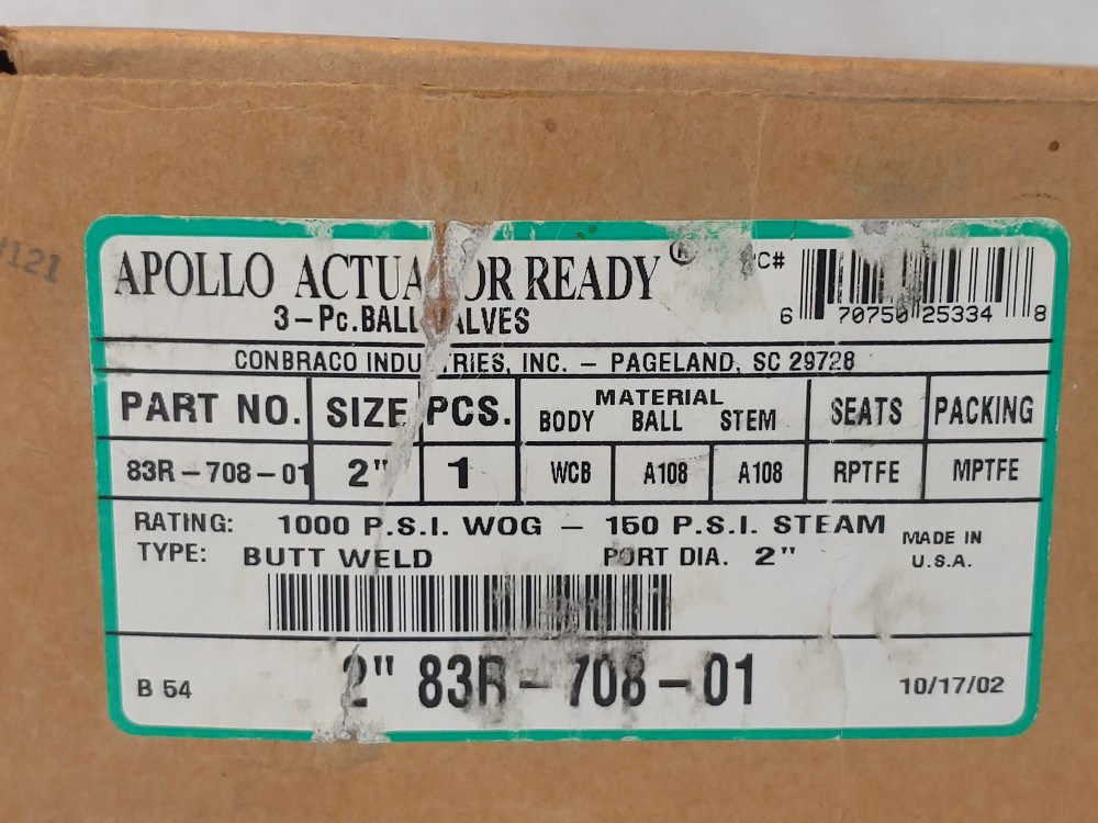 Apollo 2" 150# 1000 PSI Butt Weld 3-PC Ball Valve #83R-708-01