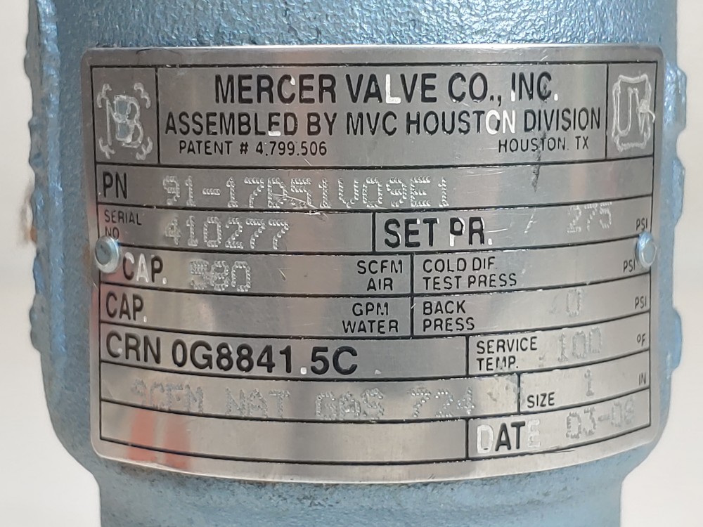 Mercer  1"MNPT X 1" FNPT 275 Set Pressure  Safety Relief Valve PN: 91-17D51V09E1