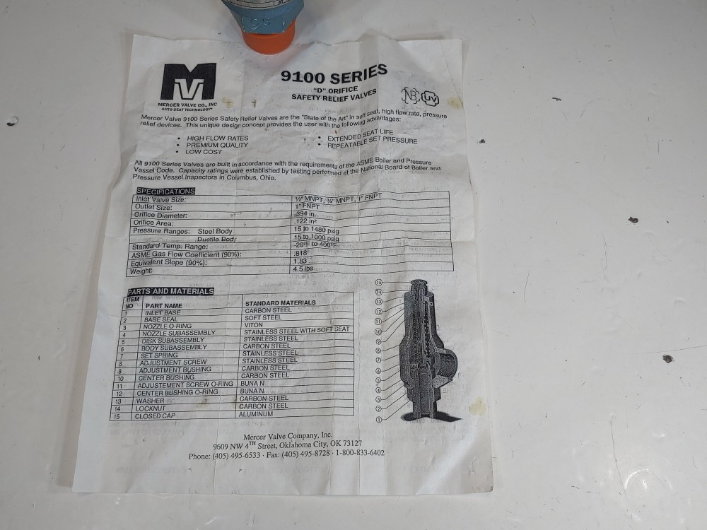 Mercer  1"MNPT X 1" FNPT 275 Set Pressure  Safety Relief Valve PN: 91-17D51V09E1