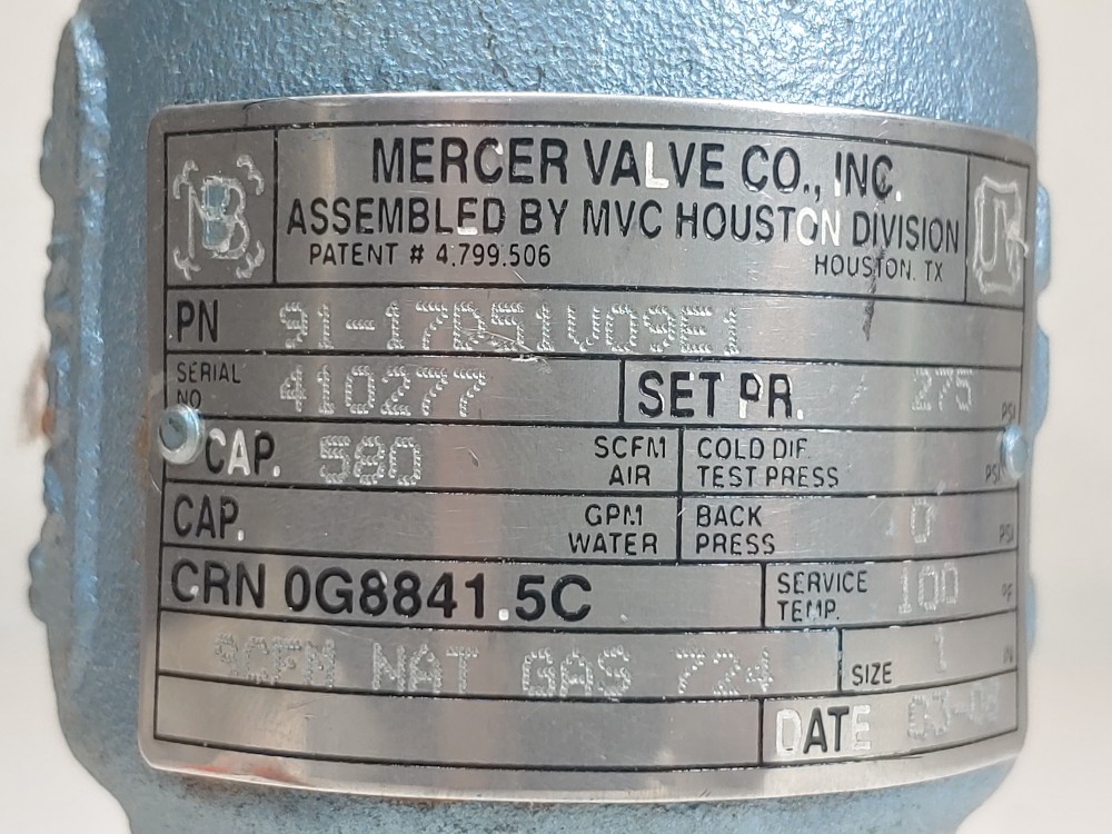 Mercer  1"MNPT X 1" FNPT 275 Set Pressure  Safety Relief Valve PN: 91-17D51V09E1