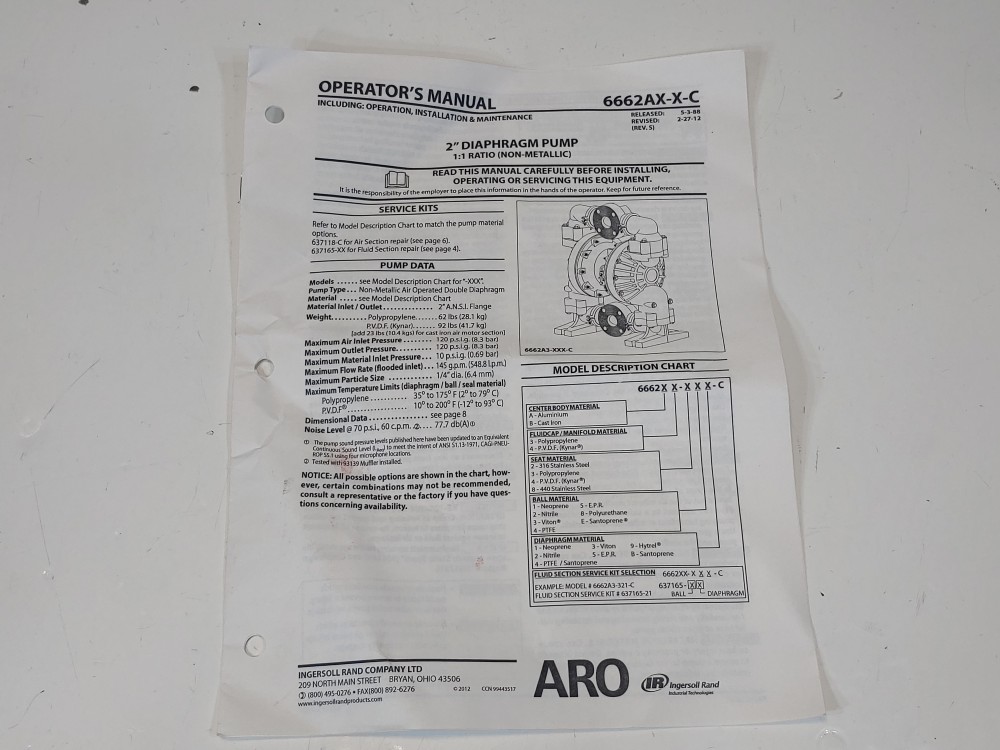 ARO Ingersoll Rand Diaphragm Pump Repair Kit 637165-44
