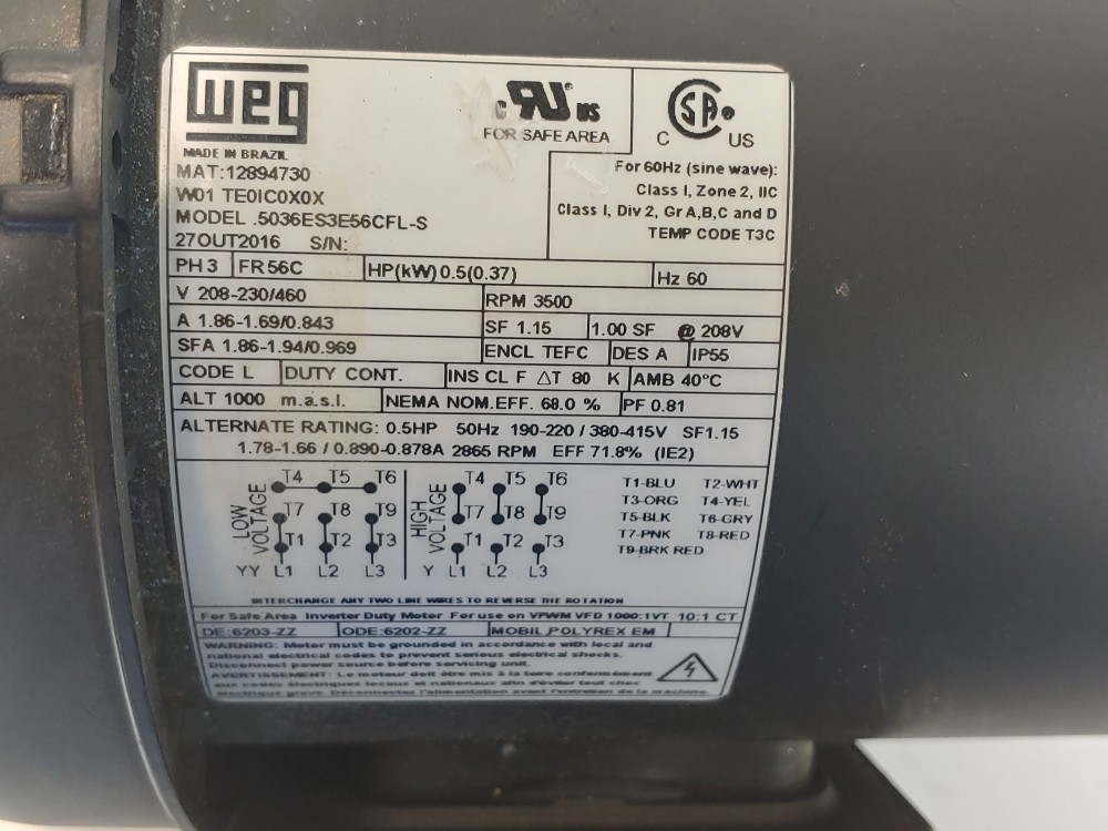 WEG .5HP 3500RPM Electric Motor Model .5036ES3E56CFL-S