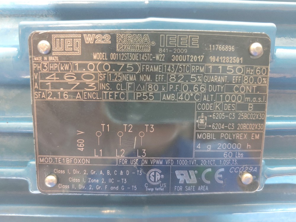 WEG Severe Duty Three Phase 1HP Motor - Model 00112ST3QIE145TC-W22