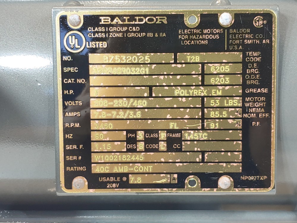 Baldor 3HP 3450 RPM Electric Motor Frame: 145TC Spec: 35R246R032G1