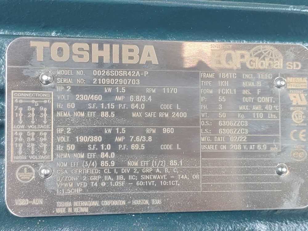 Toshiba 2HP RPM: 1170 / 960 Electric Motor 0026SDSR42A-P