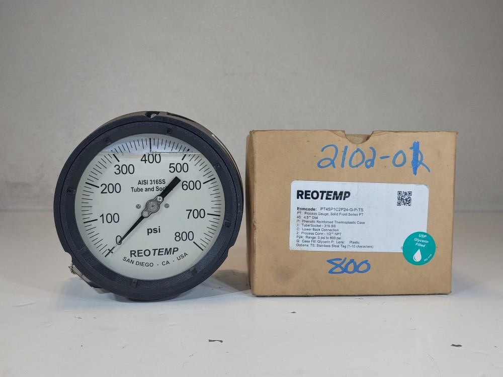 Reotemp 4.5" Dial 0-800 PSI Range Process Gauge , Back 1/2" NPT Mount 