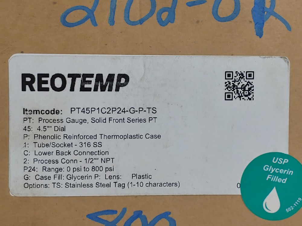 Reotemp 4.5" Dial 0-800 PSI Range Process Gauge , Back 1/2" NPT Mount 
