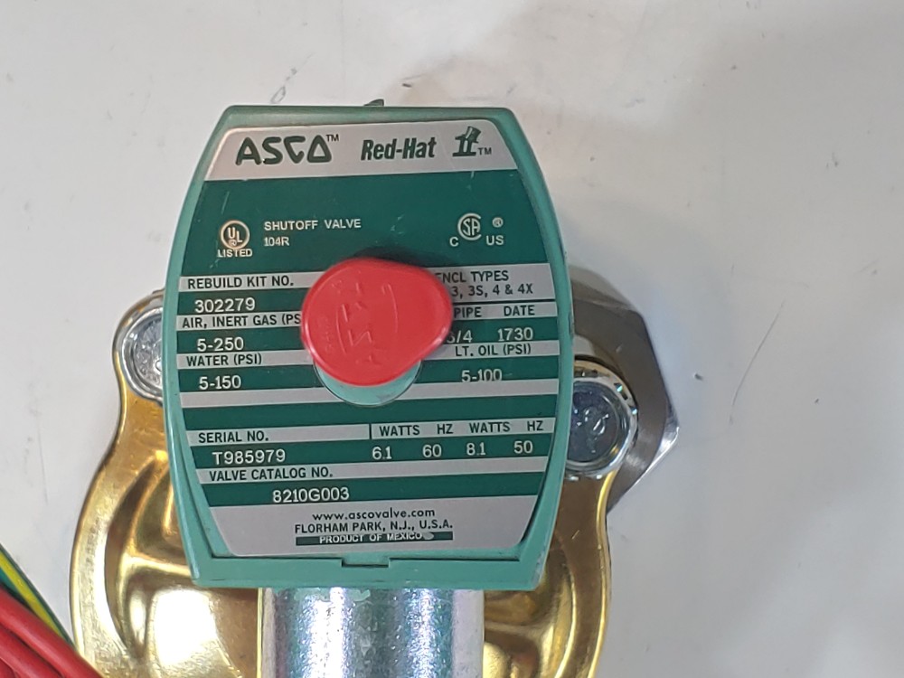 Asco Red-Hat 2-Way, 2-Position 3/4" NPT Solenoid Valve, Cat No. 8210G003