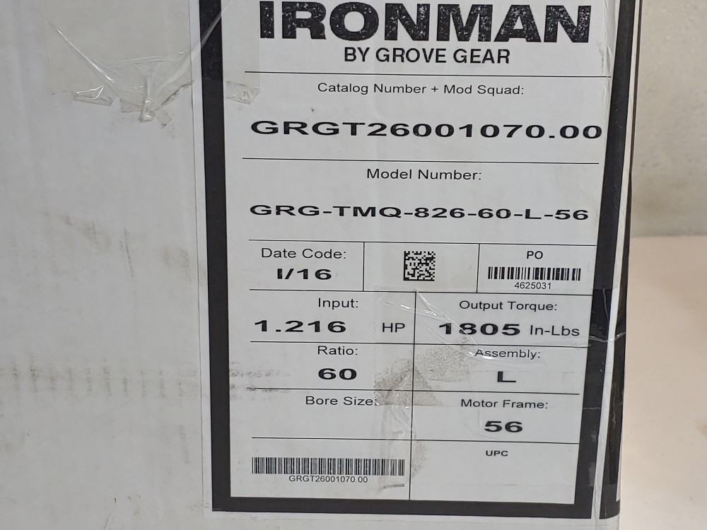 Grove Ironman Worm Reducing Gearbox GRG-TMQ-826-60-L-56 Ratio: 60:1