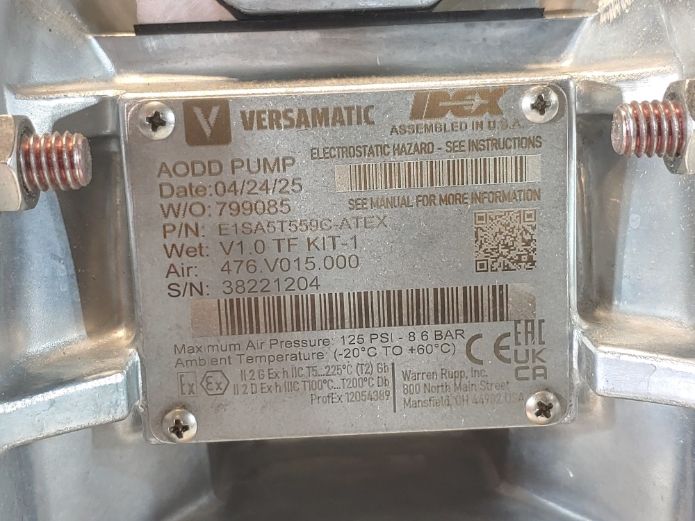 Versamatic E1SA5T559C-ATEX 1" Air 316SS Double Diaphragm Pump 