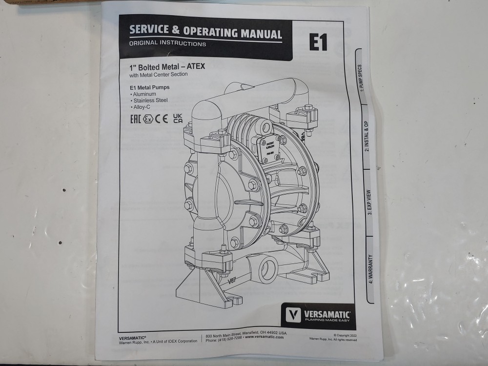 Versamatic E1SA5T559C-ATEX 1" Air 316SS Double Diaphragm Pump 