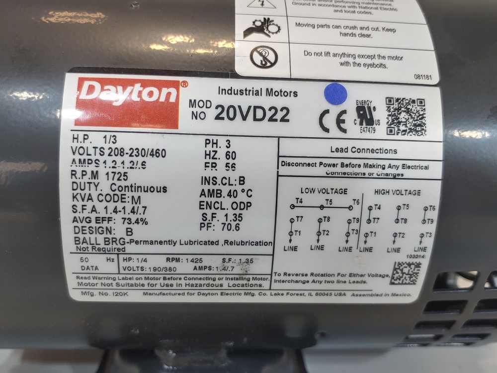 Dayton 1/3 HP 3 Phase General Purpose Motor, Model: 20VD22
