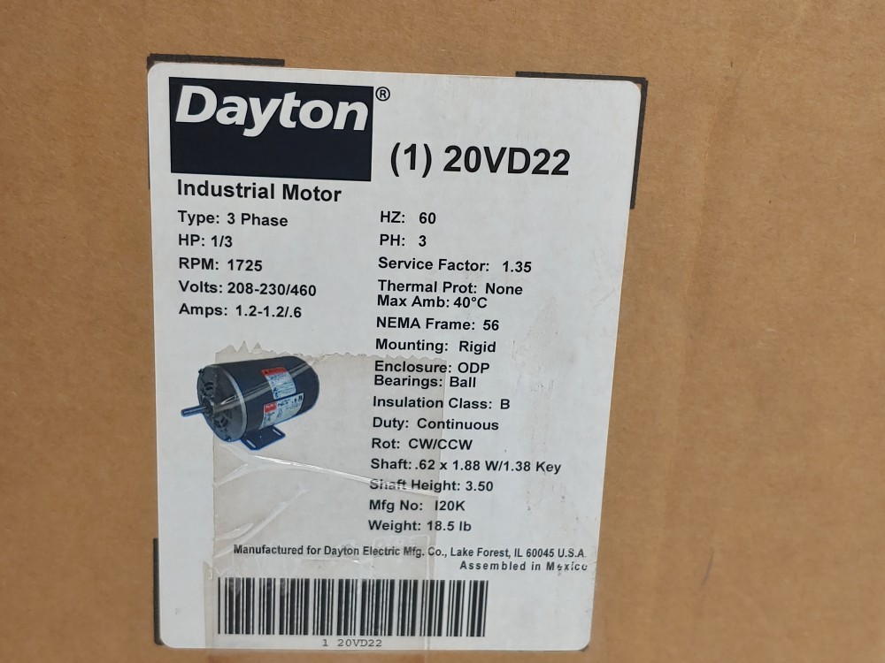 Dayton 1/3 HP 3 Phase General Purpose Motor, Model: 20VD22