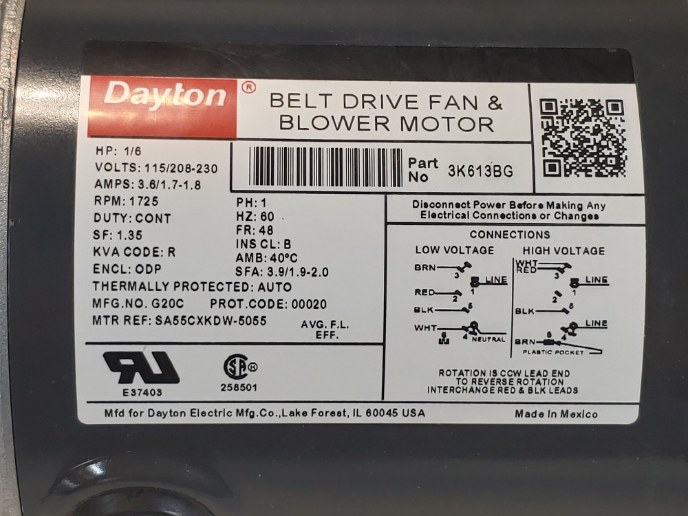 Dayton Belt Drive Fan & Blower Motor HP1/6, RPM 1725, PN: 3K613BG