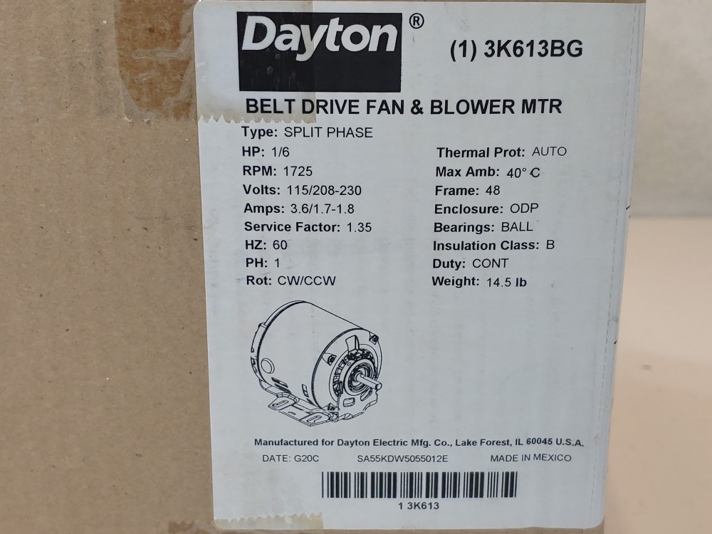 Dayton Belt Drive Fan & Blower Motor HP1/6, RPM 1725, PN: 3K613BG