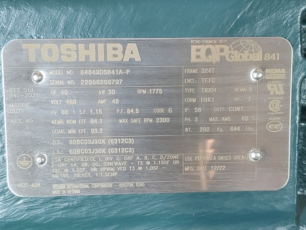 Toshiba 40 HP 1775 RPM Electric Motor 0404XDSB41A-P