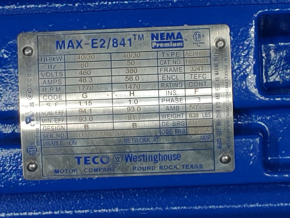 TECO Westinghouse Max-E2/841 40HP Electric Motor Catalog #: HBO404