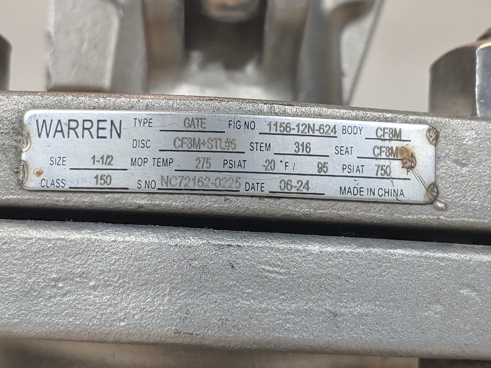 Warren 1-1/2" 150# CF8M Gate Valve Figure 1156-12N-624