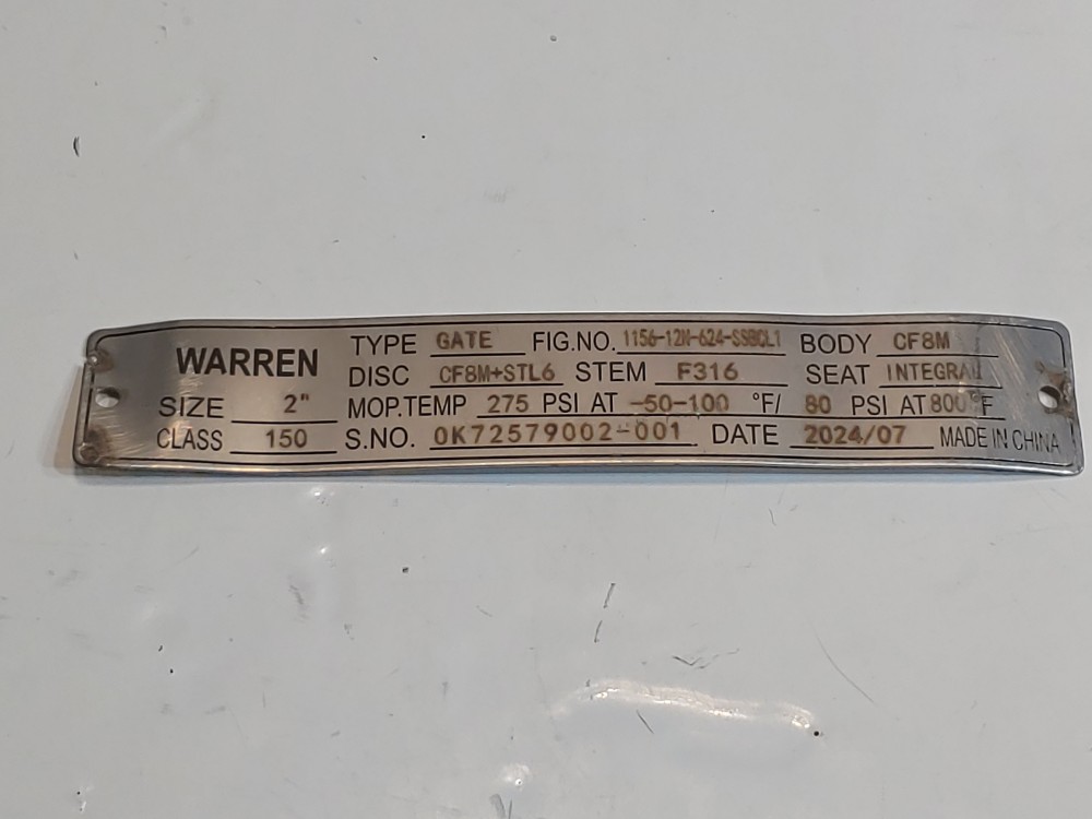 Warren 2" 150# RF CF8M Gate Valve Fig: 1156-12N-624-SSBCL1