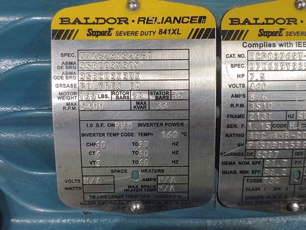 Baldor Reliance 7.5 HP Electric Motor 3510 RPM Cat#: ECP83769T-4