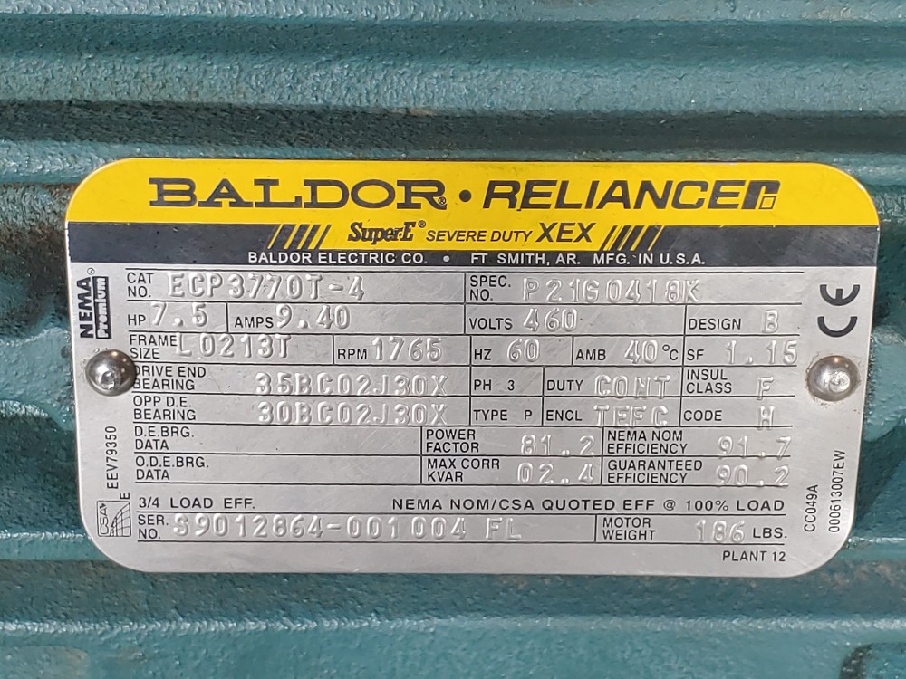 Baldor Reliance 7.5 HP Severe Duty Motor 1765 RPM Cat#: ECP3770T-4
