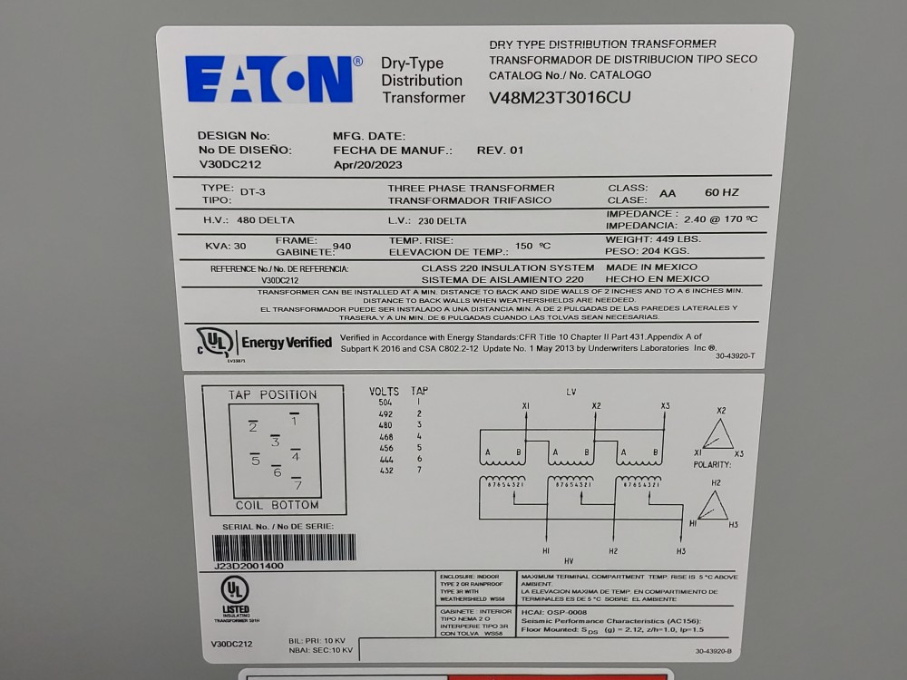 Eaton V48M23T3016CU Dry Type Distribution Transformer 