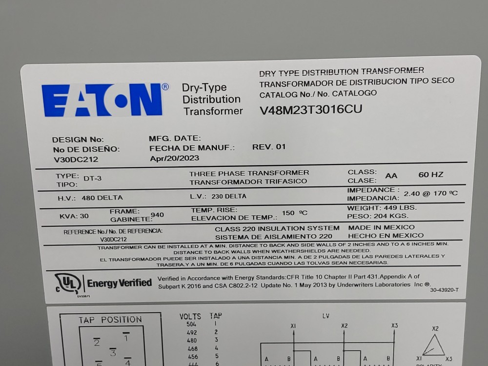 Eaton V48M23T3016CU Dry Type Distribution Transformer 