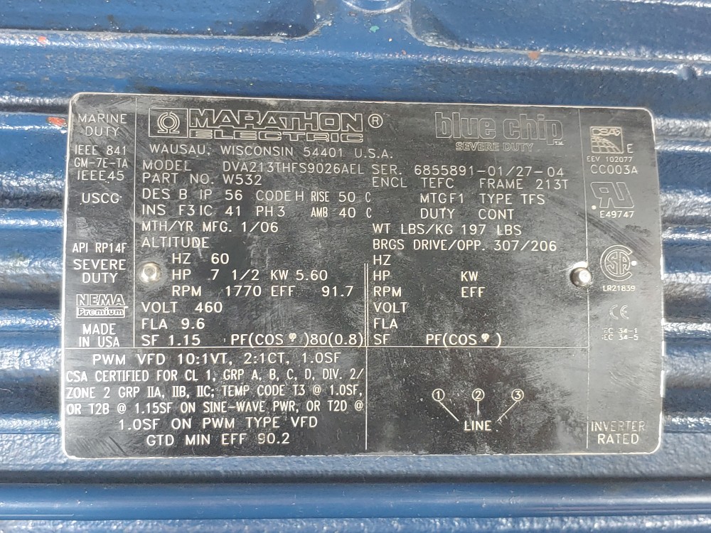 Marathon Electric Severe Duty 7-1/2 HP 1770 RPM Motor Model DVA213THFS9026AEL