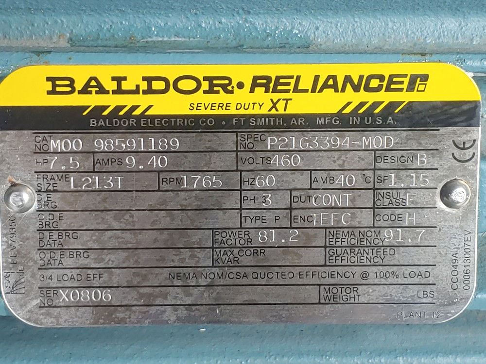 Baldor ECP83770T-4, 7.5 HP 1765 RPM Severe Duty XT Motor