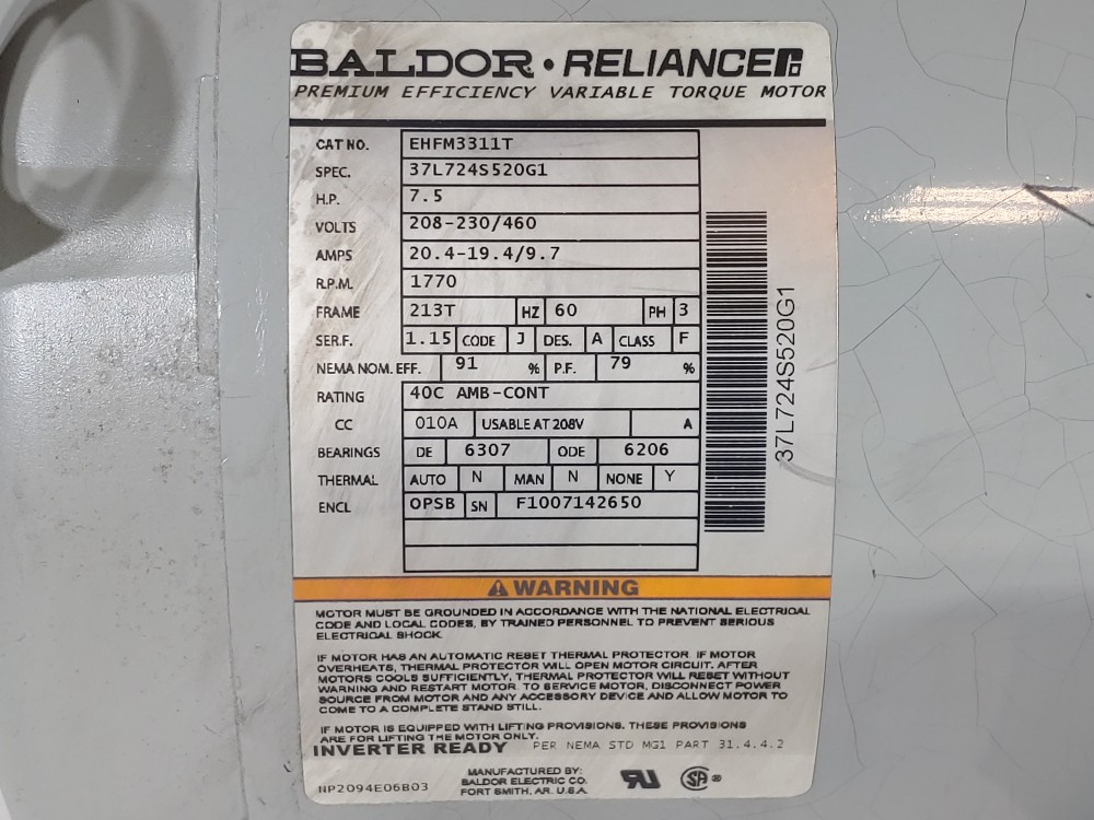 Baldor EHFM3311T, 7.5 HP 1770 RPMS Electric Motor 