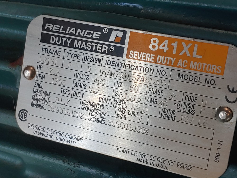 Reliance 7.5HP 841XL Severe Duty AC Motor Duty Master 1765 RPM HAW731557A81205