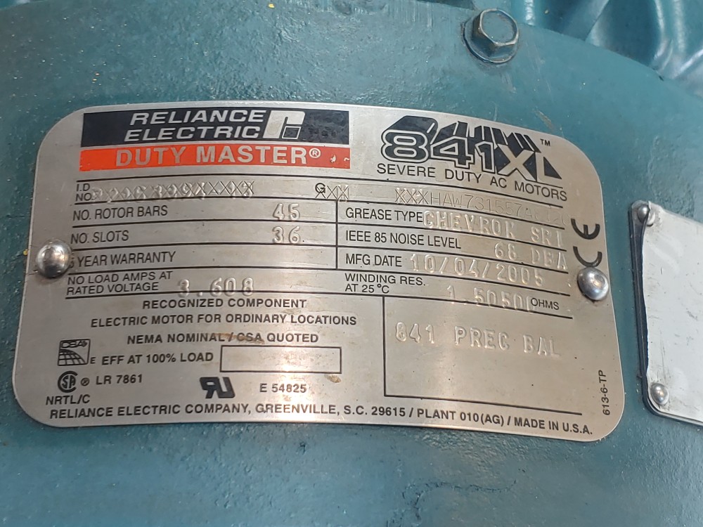 Reliance 7.5HP 841XL Severe Duty AC Motor Duty Master 1765 RPM HAW731557A81205