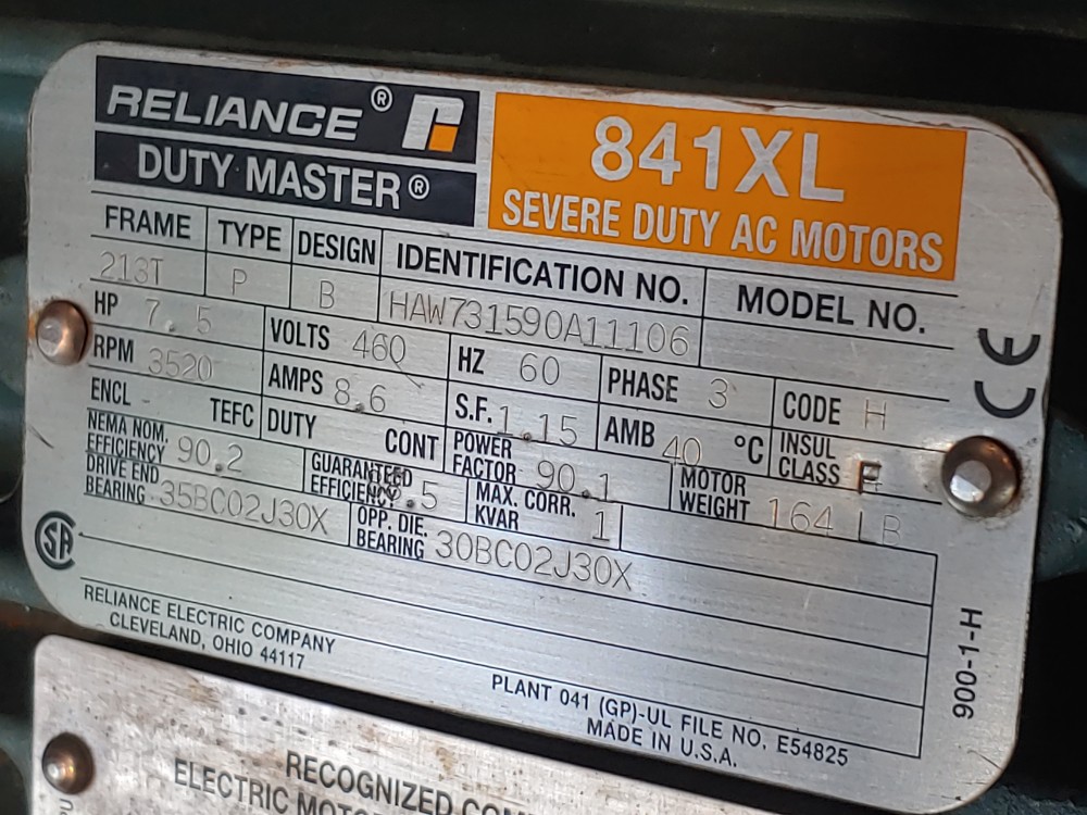 Reliance 7.5HP 841XL Severe Duty AC Motor Duty Master 3520 RPM HAW731590A11106