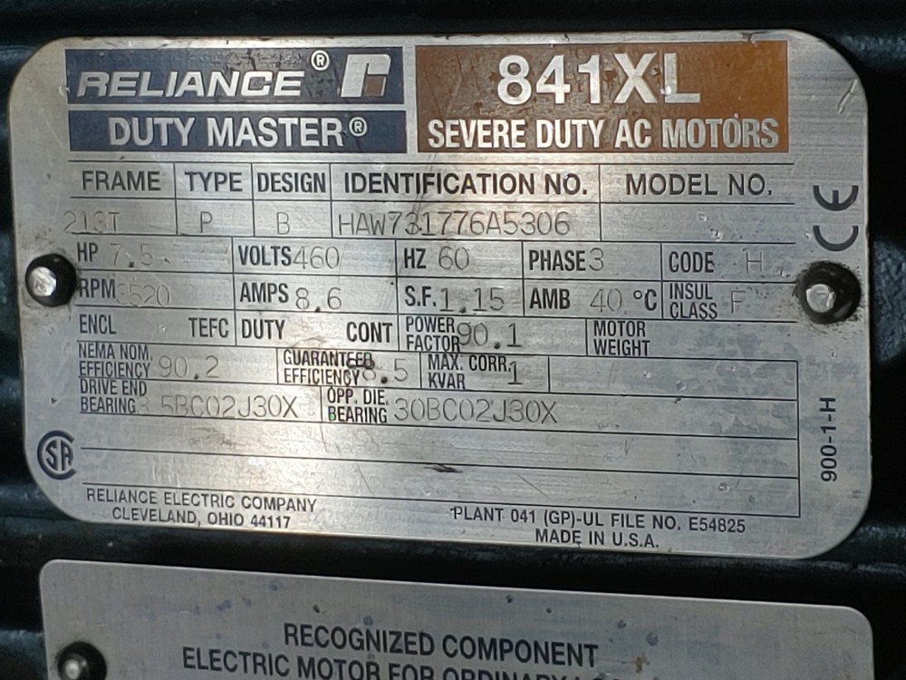 Reliance 7.5HP 841XL Severe Duty AC Motor Duty Master 3520 RPM HAW731776A5306