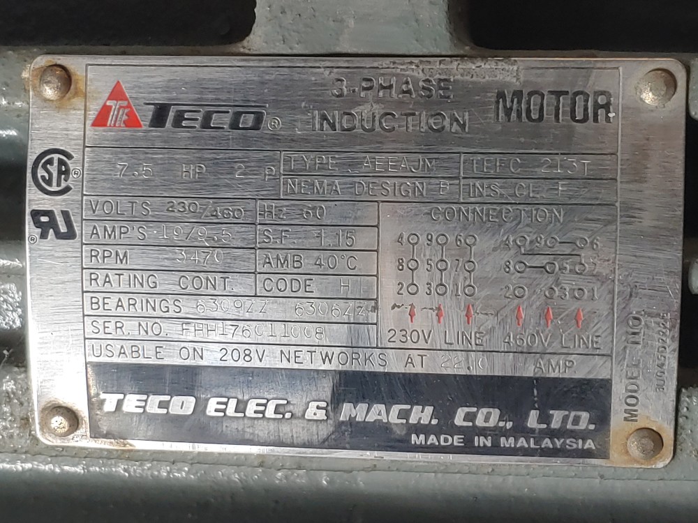 TECO Westinghouse 7.5, 3 Phase Electric Motor 3470 RPM Type AEEAJM