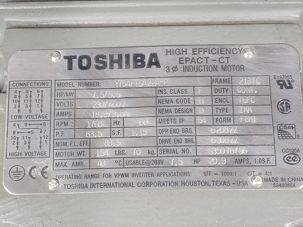 Toshiba 7.5HP High Efficiency Epact-CT 3 Ø  Induction Motor Y754FTSA22A-P