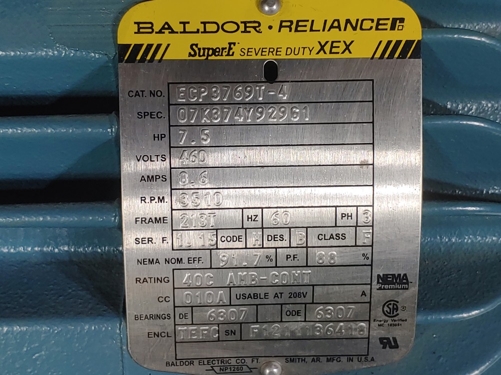 Baldor Reliance 7.5 HP Super-E Severe Duty 841XL 3510 RPM Motor ECP3769T-4